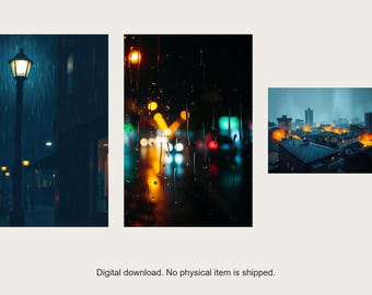 Rain on Glass Cityscape Set | AI-Assisted Night Art (Digital Download)
