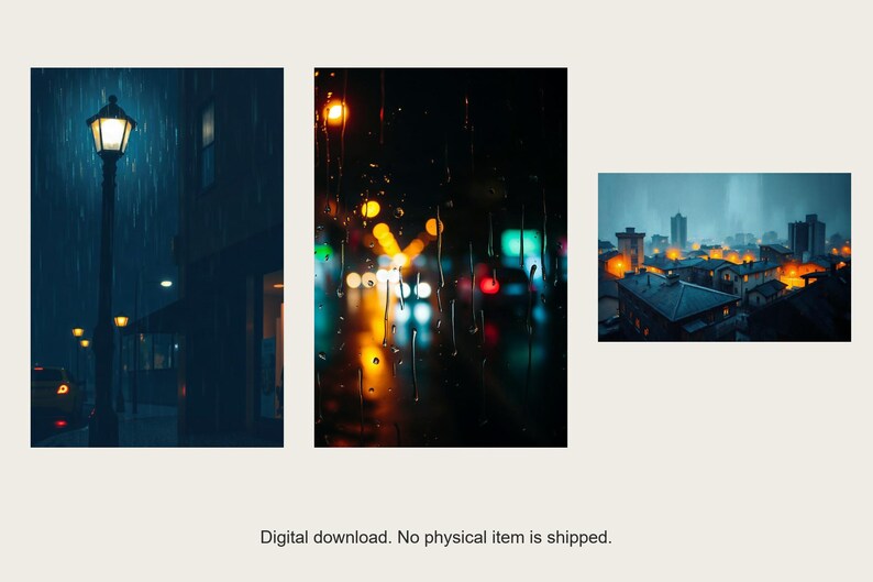Rain on Glass Cityscape Set | AI-Assisted Night Art (Digital Download) image 1
