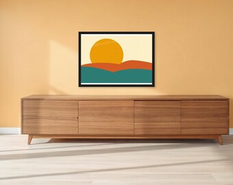 Mustard Sun, Hills | AI-Assisted Retro Art | Unframed or Framed Print | A4 A3 A2