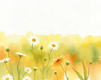 May include: A watercolour illustration featuring white daisy flowers with yellow centres and a single orange flower. The stems and leaves are green, set against a soft, blended background of yellow, orange and green watercolour washes.