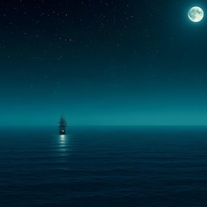 May include: A tall ship with multiple masts sails across a dark blue ocean under a night sky. A bright full moon shines in the upper right corner, casting a faint reflection on the water surface near the vessel in the distance.