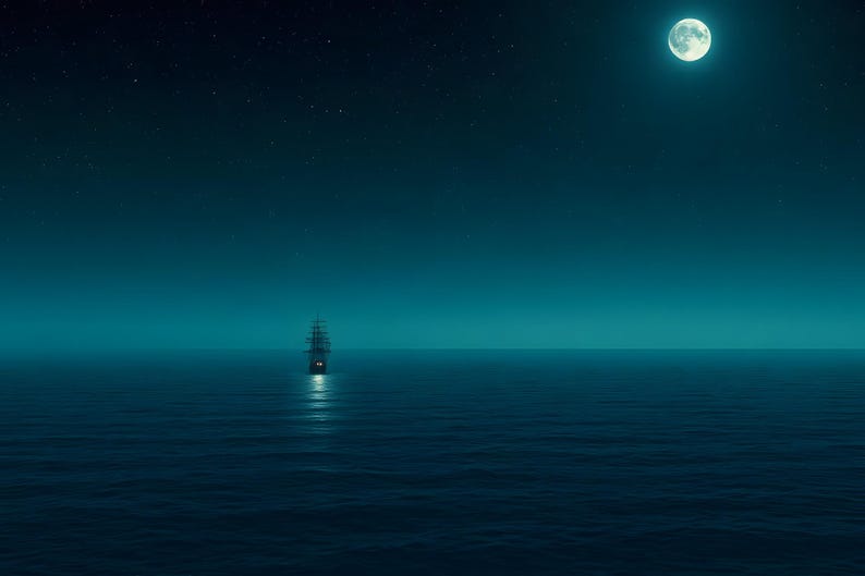 May include: A tall ship with multiple masts sails across a dark blue ocean under a night sky. A bright full moon shines in the upper right corner, casting a faint reflection on the water surface near the vessel in the distance.