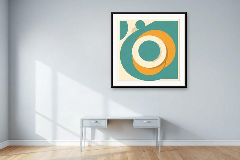 Orbit Rings, Teal | AI-Assisted Retro Abstract Art, Mid-Century Sun (Digital Download) image 3