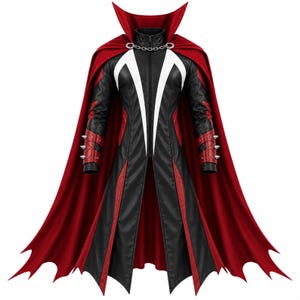 Peut inclure: Un long manteau noir et rouge avec un col haut, une fermeture éclair frontale et des accents blancs sur la poitrine. Le manteau comprend une longue cape rouge attachée par une chaîne argentée au cou et des manches à revers rouges avec des pointes argentées.