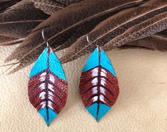 Leather Feather Earrings, Handmade Leather Earrings, Hand-cut, Hand-painted, Leather Dangle Earrings, Hand-painted feather earrings