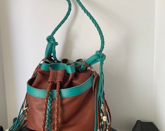 Leather Drawstring Bucket Bag: Beaded Fringe, Turquoise Trim  display picture 1