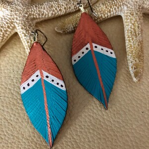 Leather Feather Dangle Earrings, Handmade Leather Earrings, Leather Dangle Earrings, Feather Earrings. Hand painted Feather Earrings image 3