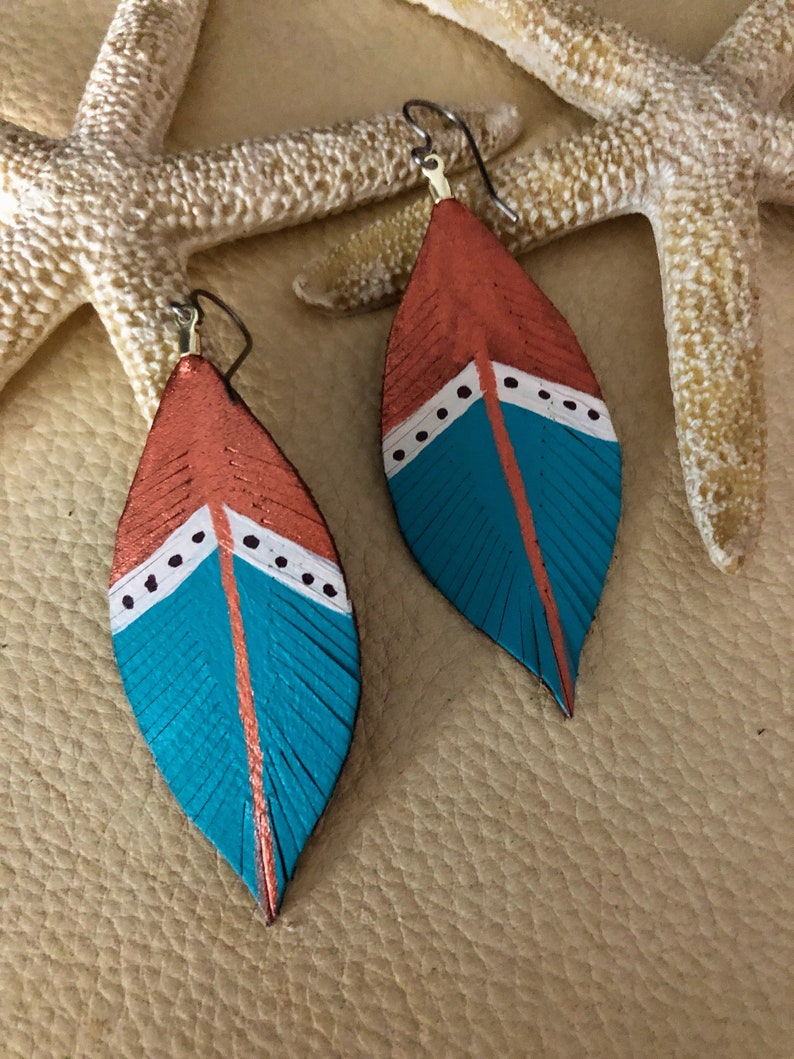 Leather Feather Dangle Earrings, Handmade Leather Earrings, Leather Dangle Earrings, Feather Earrings. Hand painted Feather Earrings image 3