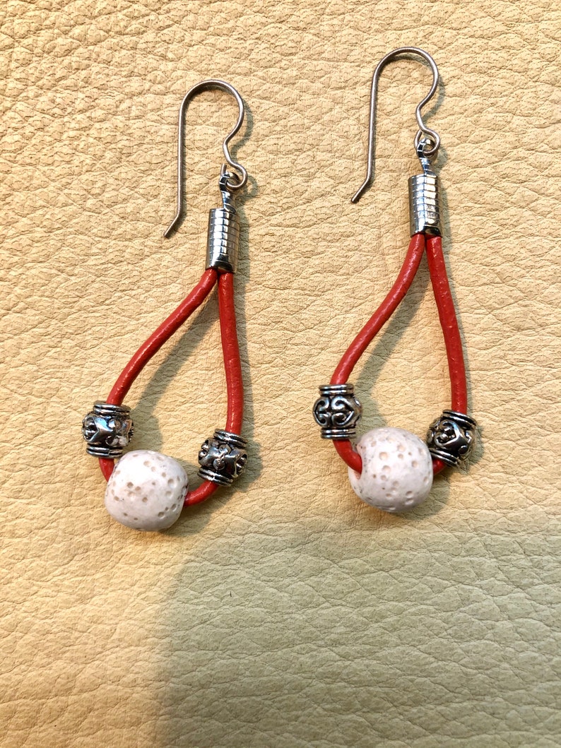 Leather Earrings Beaded Leather Dangle Earrings White Coral Antique