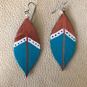 Leather Feather Dangle Earrings, Handmade Leather Earrings, Leather Dangle Earrings, Feather Earrings. Hand painted Feather Earrings image 1