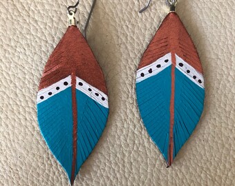 Leather Feather Dangle Earrings, Handmade Leather Earrings, Leather Dangle Earrings, Feather Earrings. Hand painted Feather Earrings