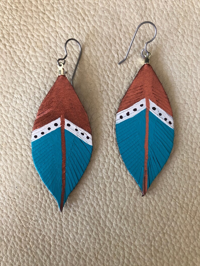 Leather Feather Dangle Earrings, Handmade Leather Earrings, Leather Dangle Earrings, Feather Earrings. Hand painted Feather Earrings image 1