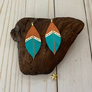 Leather Feather Dangle Earrings, Handmade Leather Earrings, Leather Dangle Earrings, Feather Earrings. Hand painted Feather Earrings image 6