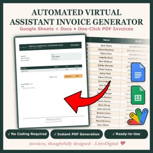 Puede incluir: Un generador de facturas automatizado para asistentes virtuales compatible con Google Sheets y Docs. La imagen muestra un modelo de factura, una lista de contactos de clientes e iconos de Google Docs, Sheets y Drive unidos por una flecha roja.