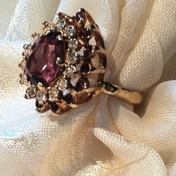 Vintage Red Amethyst Ring Pear Cut w/ White Zircons in Yellow Gold Estate Jewelry Cocktail Ring 6th Anniversary Mothers Day Birthday Gift