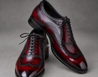 Handmade Burgundy Oxblood Leather Oxford Shoes, Wingtip Brogue, Patina Finish