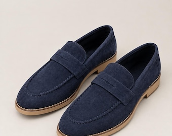 Handmade Men's Navy Suede Penny Loafers, Casual Slip-On Dress Shoes, Contrast Gum Sole Loafers
