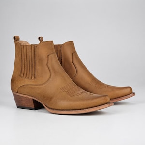 Handmade Tan Leather Western Chelsea Boots, Pointed Toe, Stacked Heel, Scroll Stitching