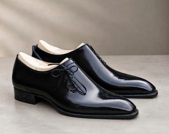 Chaussures Oxford pour homme en cuir noir pleine fleur, faites main, à lacets, finition brillante, chaussures de ville formelles