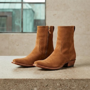 Handmade Tan Suede Ankle Boots, Western Pointed Toe, Zip Closure (Stacked Heel)