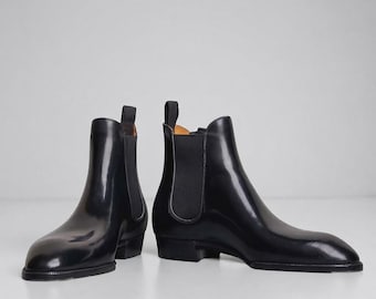 Handmade Black Leather Chelsea Boots, Pull-Tab Ankle Boots, Formal Dress Shoes