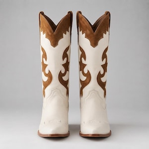 May include: A pair of knee-high cowboy boots featuring a smooth off-white leather base with contrasting brown suede overlays. The boots have a pointed toe, a scalloped top edge, and intricate brown suede cut-out patterns along the shaft.