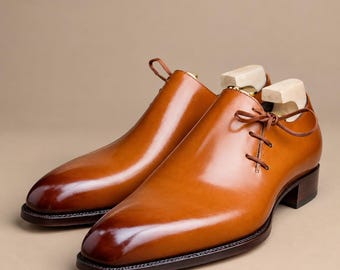 Zapatos Oxford de cuero marrón claro hechos a mano, de una sola pieza, con puntera pulida (para hombre)