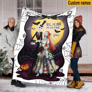 Custom Name Jack Skellington Blanket, Jack And Sally Halloween Blanket, Halloween Couple Blanket, Mink Sherpa Fleece Blanket, Nightmare Xmas