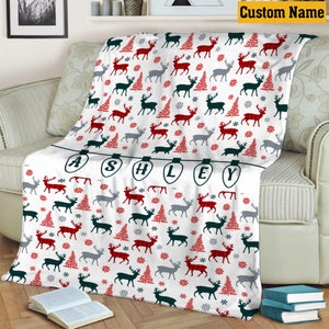 Custom Name Christmas Blanket, Buffalo Plaid Reindeer Blanket, Christmas Fleece Mink Sherpa Blanket, Gifts For Kid, Cute Gift For Baby