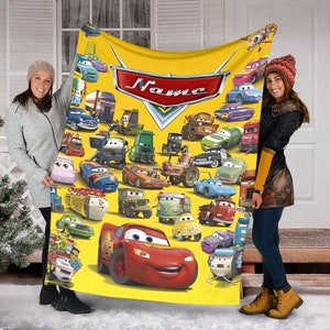 Personalized Name Cars Movie Blanket, Lightning Mcqueen Blanket, Disney Cars Characters Fleece Mink Sherpa Blanket, Gifts For Kid, Baby Gift