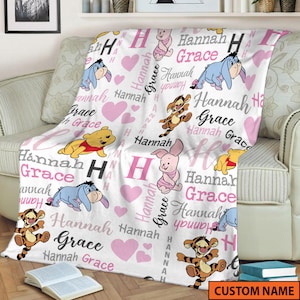 Personalized Name Winnie The Pooh Blanket, Disney Pooh And Friends Fleece Mink Sherpa Blanket, Baby Shower, Gifts For Kid Cute Gift For Baby