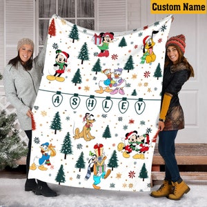 Personalized Name Disney Christmas Blanket, Christmas Tree Blanket, Mickey And Friends Fleece Mink Sherpa Blanket, Gifts For Kid