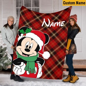 Personalized Name Disney Christmas Blanket, Christmas Mickey Blanket,Buffalo Plaid Fleece Mink Sherpa Blanket, Gifts For Kid