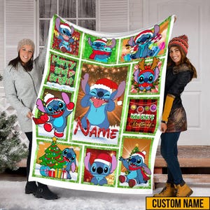 Personalized Name Christmas Stitch Blanket, Christmas Lilo And Stitch Blanket, Merry And Bright Blanket, Merry Christmas Gift