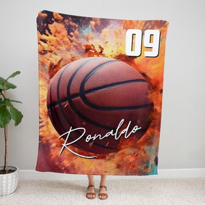 Personalized Basketball Blanket, Custom Name & Number Basketball Blanket, Sport Fleece Mink Sherpa Blanket, Sport Lover Gift
