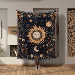 Celestial Sun and Moon Woven Blanket, Vintage Boho Sun and Moon Blanket, Celestial Checkerboard Tapestry Blanket, Vintage Astrology Tapestry