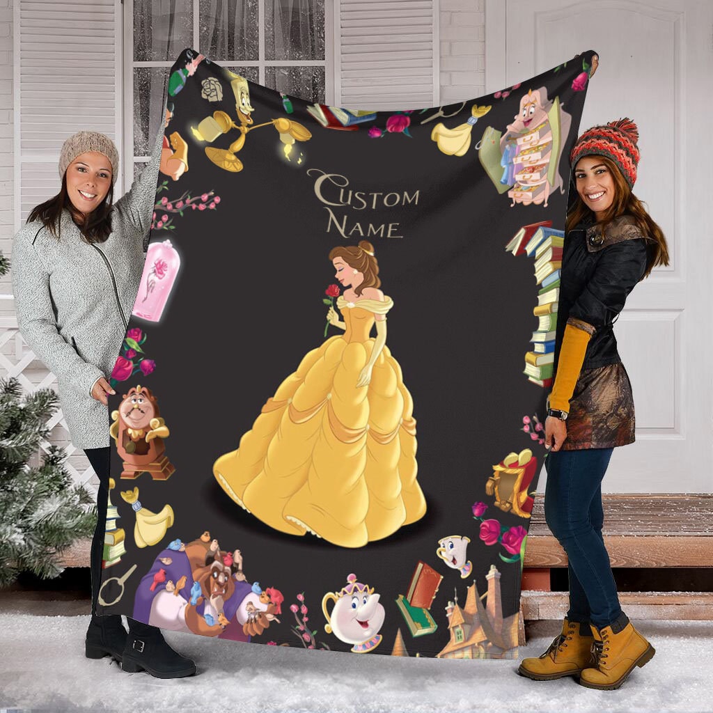 Discover Personalized Name Princess Belle Blanket, Beauty And The Beast Fleece Mink Sherpa Blanket