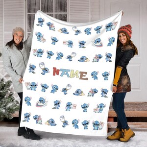 Custom Name Baby Stitch Blanket, Lilo And Stitch Fleece Mink Sherpa Blanket, Gifts For Kid, Cute Gift For Baby, Stitch Birthday Gifts