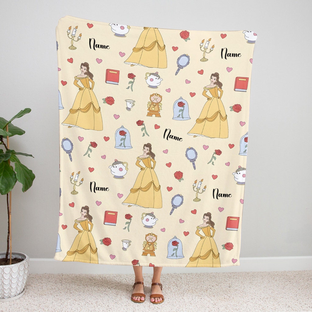 Discover Personalized Name Belle Princess Blanket, Beauty And The Beast Fleece Mink Sherpa Blanket