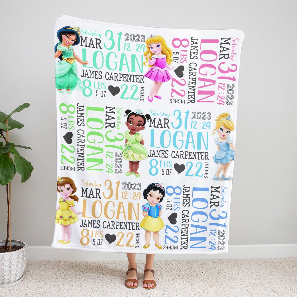 Discover Personalized Baby Stats Disney Princess Blanket, Birth Stats Baby Blanket