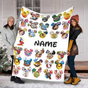 Personalized Name Disney Characters With Mickey Ears Blanket, Magic Kingdom Fleece Mink Sherpa Blanket, Baby Shower, Family Throw Blanket