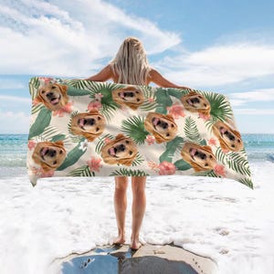Personalized Pet Face On Tropical Beach Towel, Custom Photo Towel, Bachelorette Gifts, Pool Towel, Pet Memorial Gift, Summer Gift