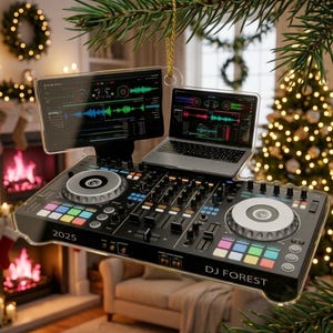 May include: A clear acrylic ornament shaped like a DJ controller with a laptop and tablet screen attached. The controller features two silver jog wheels, colorful performance pads, and the text 2025 and DJ FOREST printed on the front surface.