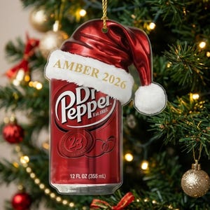 May include: A flat, two-dimensional Christmas ornament shaped like a Dr Pepper soda can wearing a red Santa hat with white trim. The text AMBER 2026 is printed in gold on the white trim. The can features the Dr Pepper logo and 12 FL OZ.