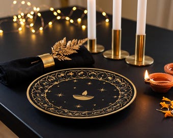 7 inch Diwali papieren borden, zwart-gouden feestborden, moderne Diwali decoratie, Indiase feestartikelen, 7 inch borden, 8 stuks