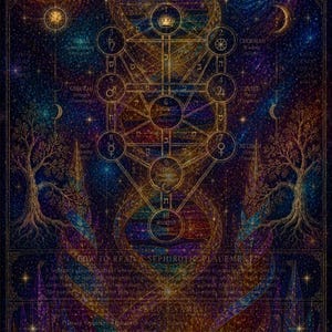 May include: A dark, cosmic-themed poster titled TREE OF LIFE featuring a central golden Sephirotic diagram with ten spheres and Hebrew lettering. The background displays swirling purple and blue nebulae, stars, two trees, and instructional text.