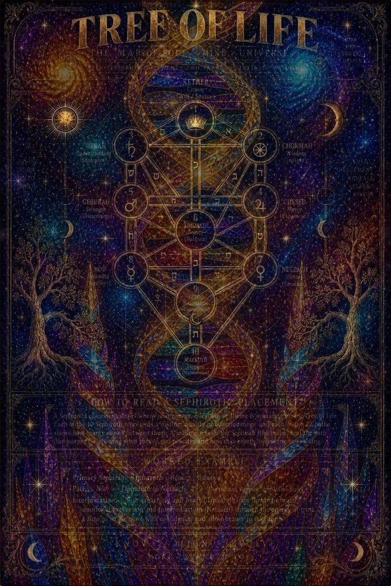 May include: A dark, cosmic-themed poster titled TREE OF LIFE featuring a central golden Sephirotic diagram with ten spheres and Hebrew lettering. The background displays swirling purple and blue nebulae, stars, two trees, and instructional text.