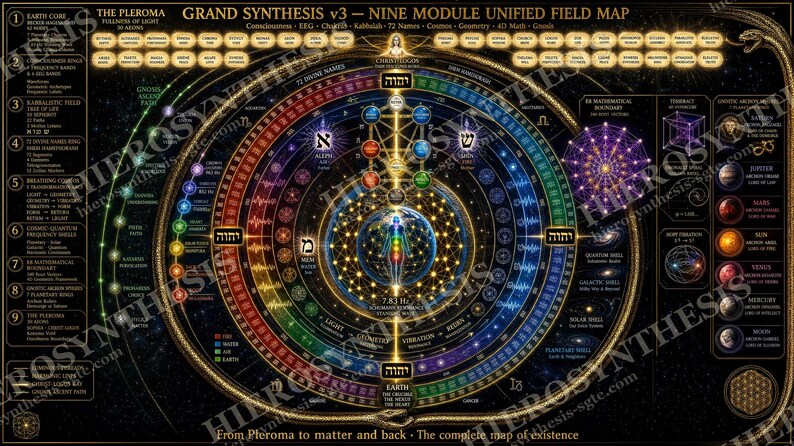 May include: A detailed black poster titled THE PLEROMA GRAND SYNTHESIS v3 - NINE MODULE UNIFIED FIELD MAP. It features a central human figure surrounded by concentric circles, geometric patterns, Hebrew text, and planetary symbols in gold and colors.