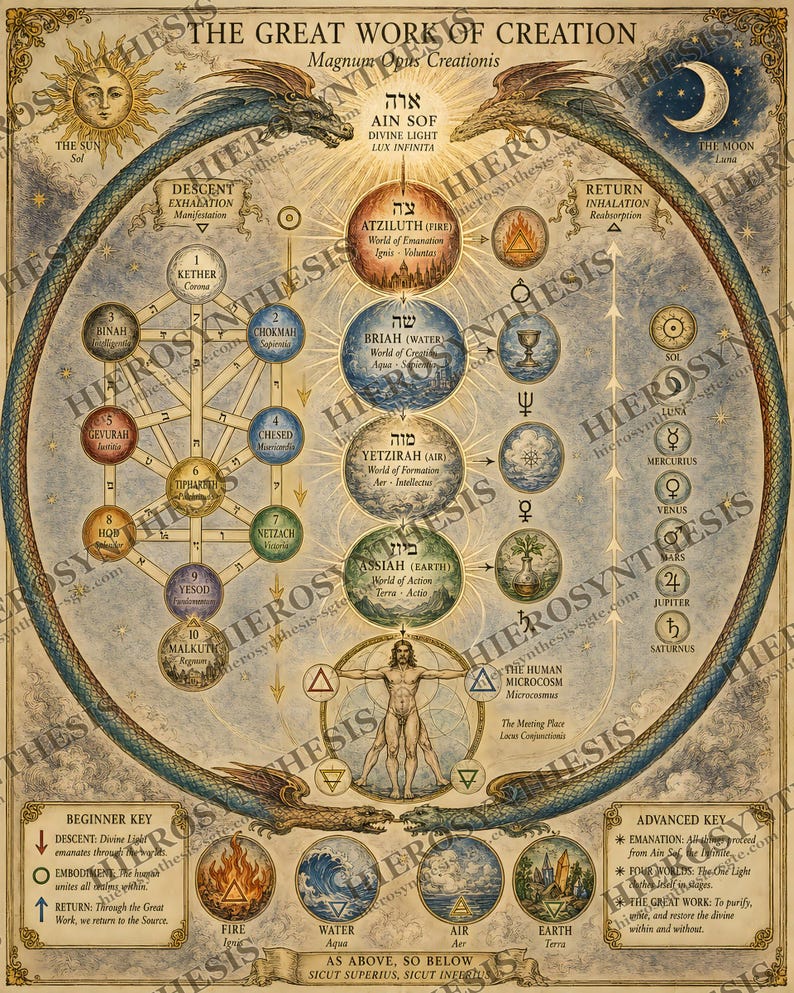Kabbalah Fyra Världar Tryck, Alkemi Helig Geometri Väggkonst, Esoterisk Ockult Poster för Altare eller Studie (Digital, Poster, Inramad) bild 1