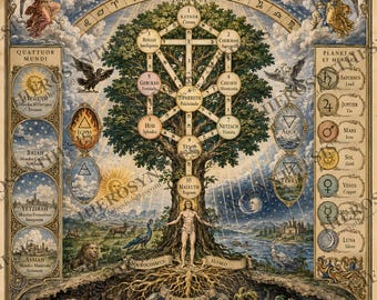 Tree of Life Poster, Kabbalah Sephirot Chart, Hermetic Qabalah Sacred Geometry Wall Art (Digital, Poster, Framed)